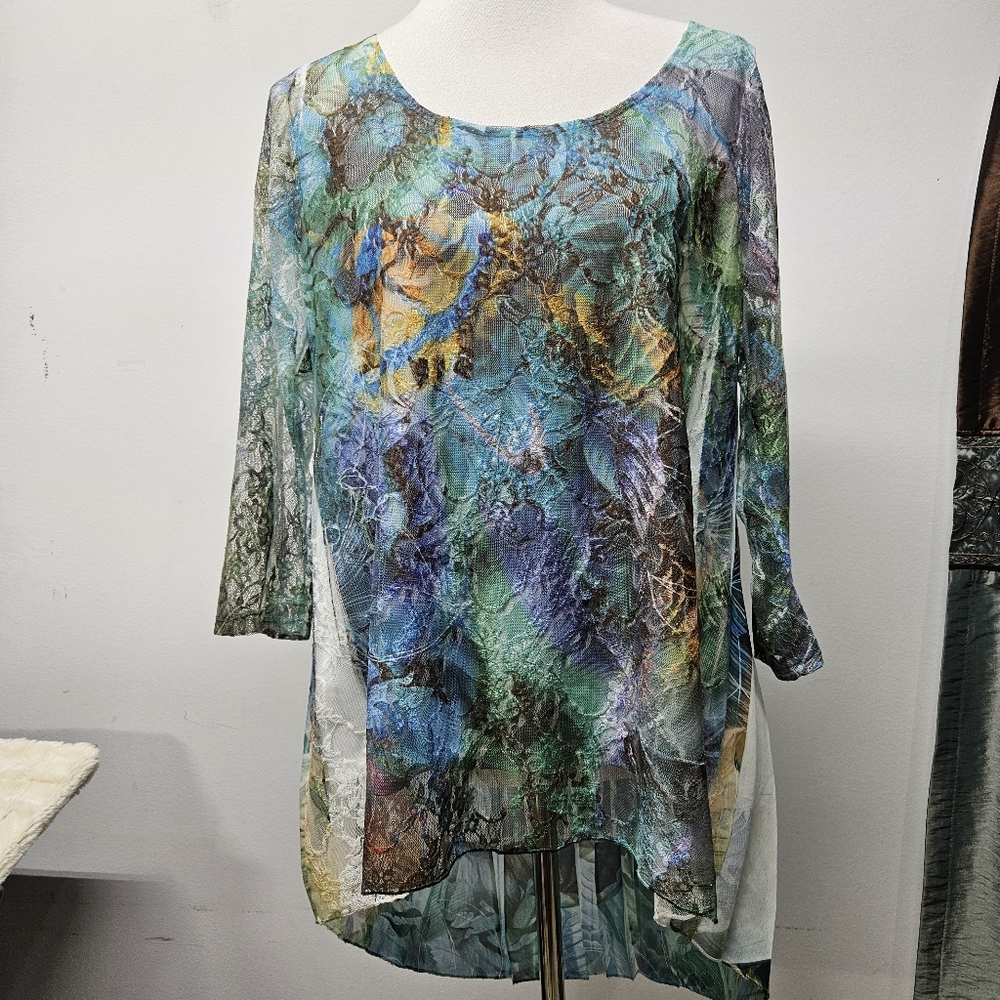 Pretty Woman Multicolor Abstract Print Mesh Tunic Top Size L Boho Artsy Overlay
